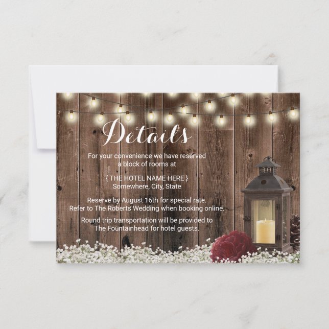 Invitation Détails de mariage avec lanterne rustique et fleur (Devant)
