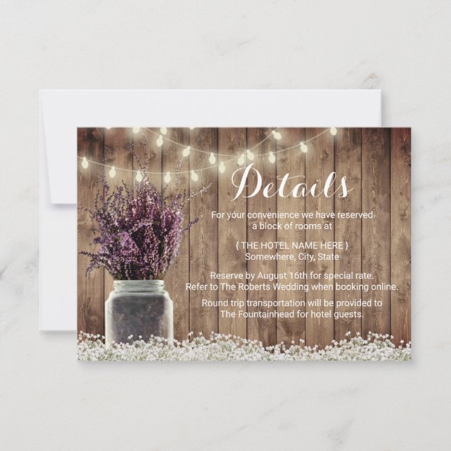 Invitation Détails de mariage dans un pot Mason floral de lav (Devant)