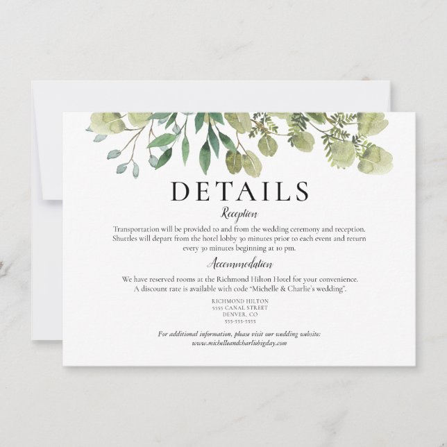 Invitation Détails de mariage élégants aquarelle verdure (Devant)