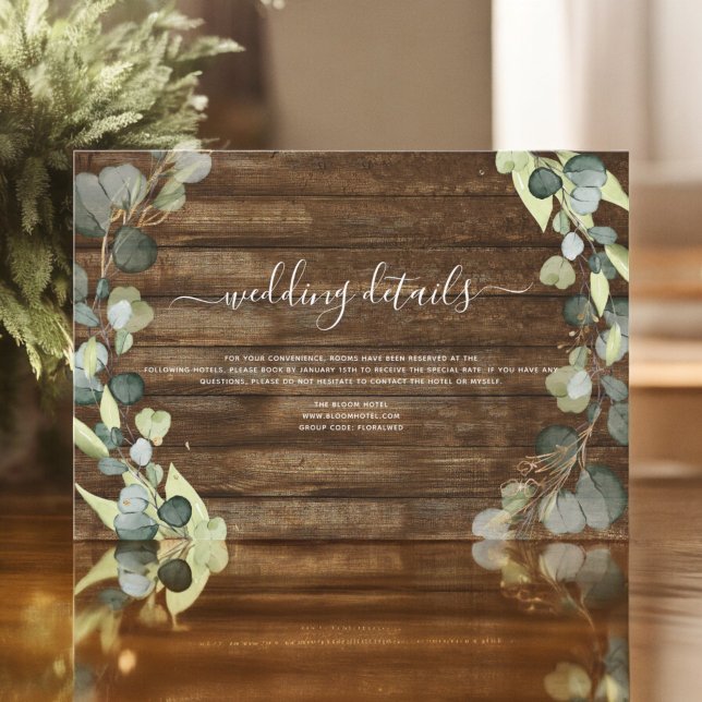 Invitation Détails de mariage Eucalyptus Verdure Bois rustiqu (Créateur téléchargé)