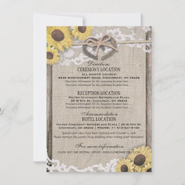 Invitation Détails de mariage Fleurs de tournesol Lacet de to (Devant)