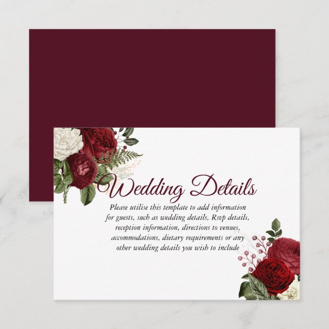 Invitation Détails de mariage floral élégant bordeaux rouge b (Devant / Derrière)