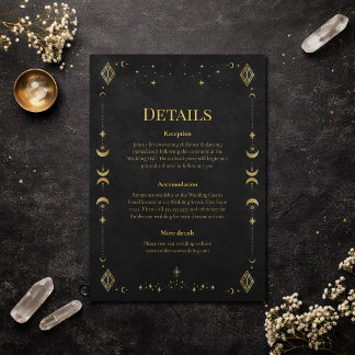 Invitation Détails de mariage noir et or gothique céleste