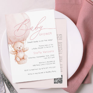 Invitation Détails de Nounours Code QR Fille Baby Shower