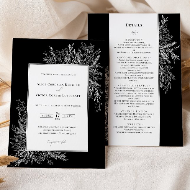 Invitation Détails du Mariage Black and White Greenery (Créateur téléchargé)