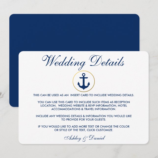 Invitation Détails du Mariage bleu marine Insérer (Devant / Derrière)