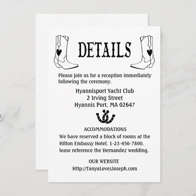 Invitation Détails du mariage campagnard Bottes Cowboy Wester (Devant / Derrière)