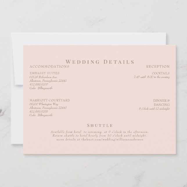 Invitation Détails du Mariage de texte Blush & Gold (Devant)