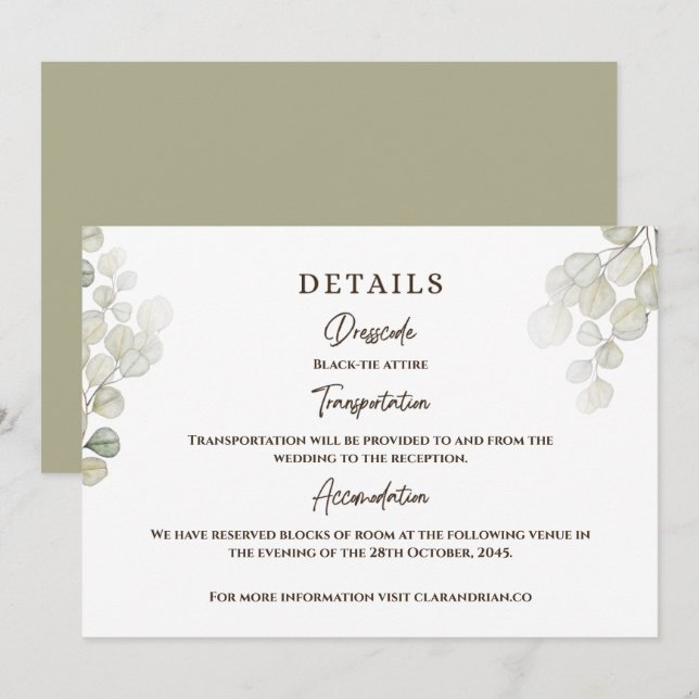 Invitation Détails du Mariage Eucalyptus aquarelle (Devant / Derrière)