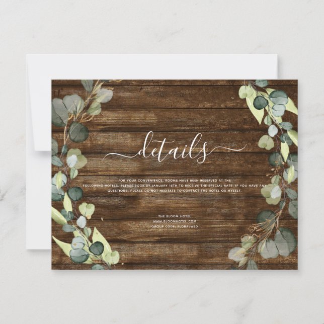 Invitation Détails du mariage Eucalyptus Vert Bois rustique (Devant)