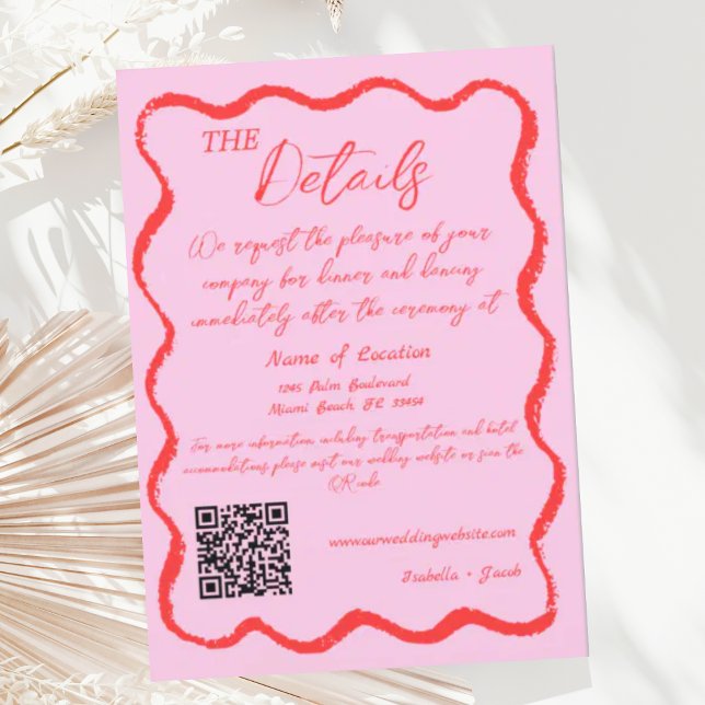 Invitation Détails du Mariage manuscrit rétro Wavy rose et ro (Créateur téléchargé)
