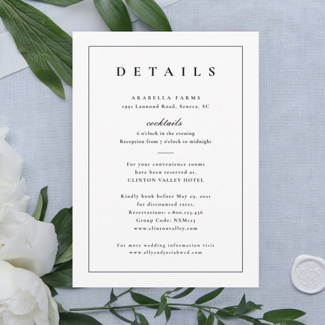 Invitation Détails du Mariage noir et blanc classique Boîtier (Elegant simple typography black and white wedding details enclosure cards.)