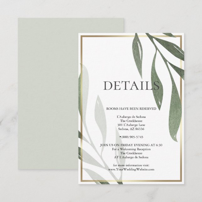 Invitation DÉTAILS DU MARIAGE | Sage Green Olive Foliing (Devant / Derrière)
