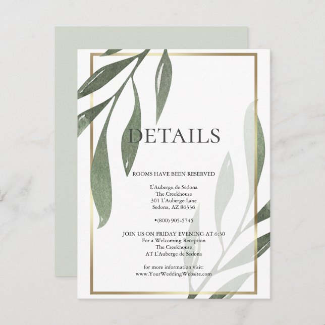 Invitation DÉTAILS DU MARIAGE | Sage Green Olive Foliing (Devant / Derrière)