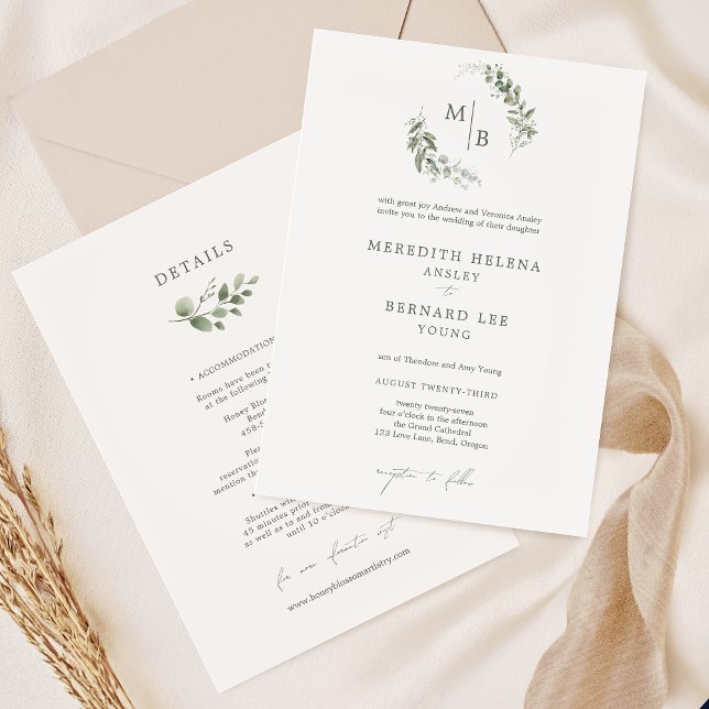Invitation Détails du monogramme du Mariage botanique élégant (Créateur téléchargé)