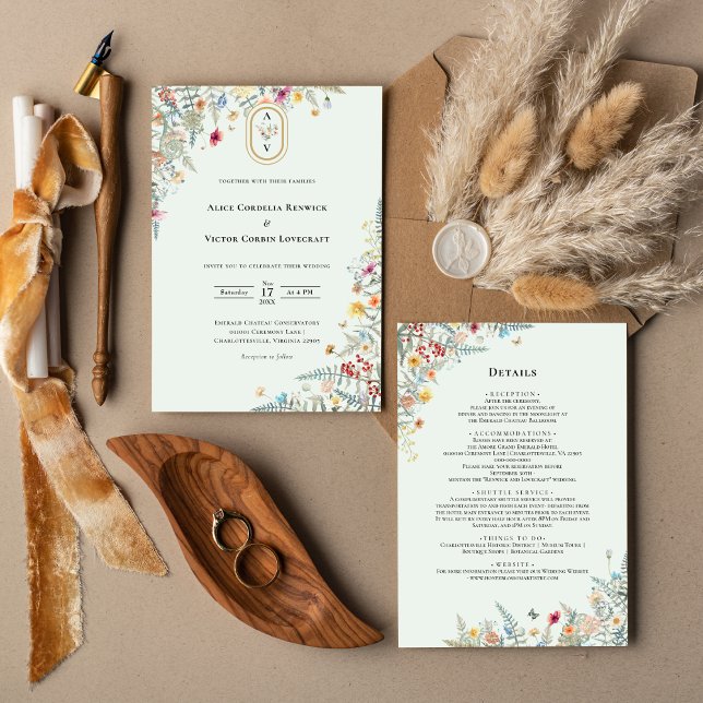 Invitation Détails Du Monogramme Vert De La Menthe Fleur sauv (Créateur téléchargé)