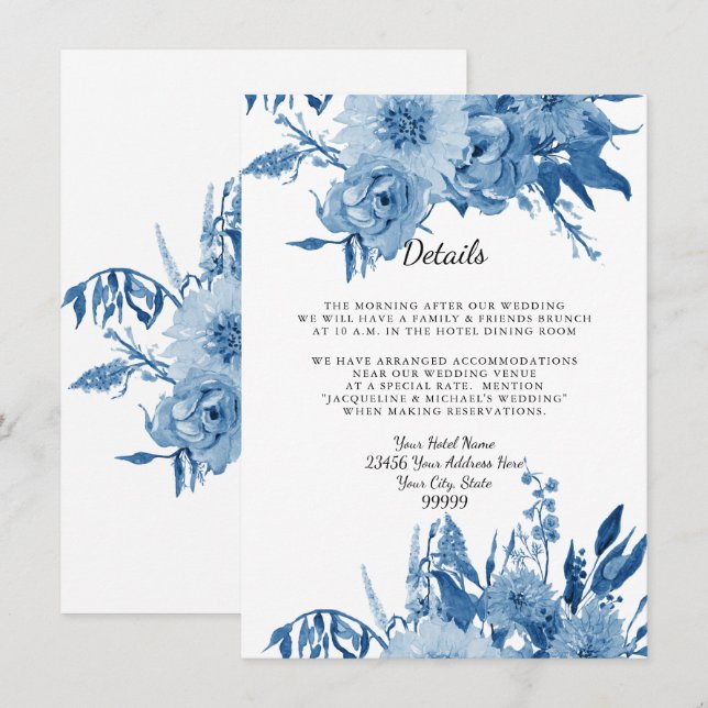 Invitation Détails Hébergement Hôtel Fleur Bleu et Blanc (Devant / Derrière)