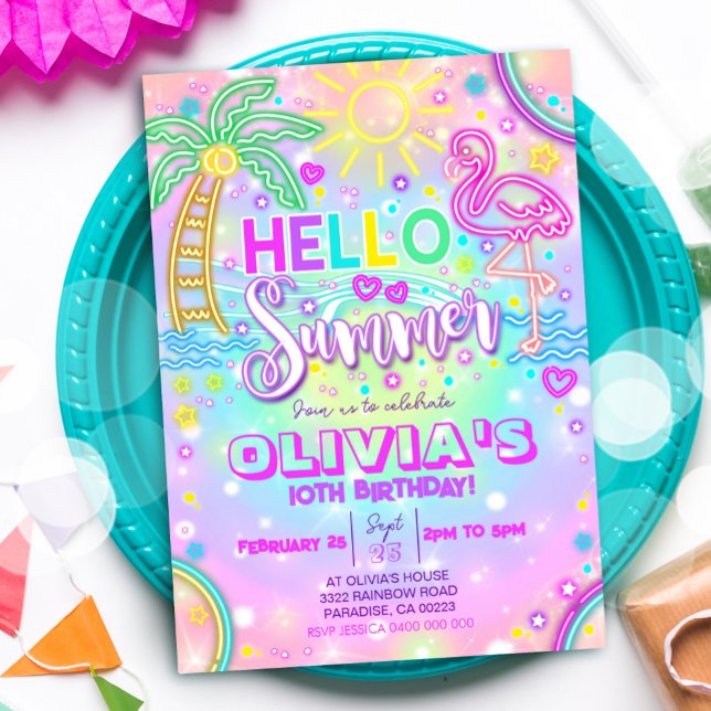 Invitation d'été d'anniversaire Bonjour fête d'été (Neon Hello Summer Party Invitation)