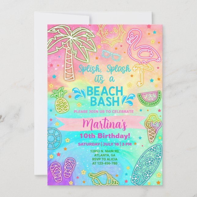 Invitation d'été pour le néon de la plage de fille (Devant)