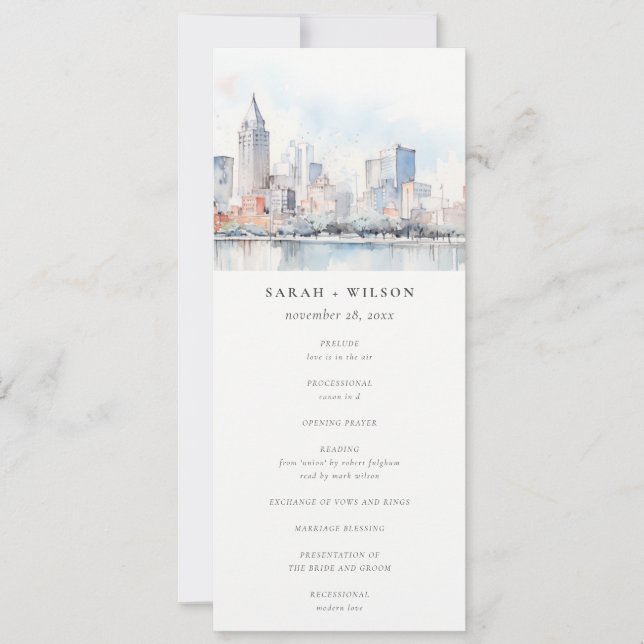 Invitation Detroit Michigan Watercolor Scape Wedding Program (Devant)
