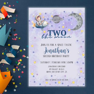 Invitation Deux à la Lune Garçon Fusée Spatiale 2e Anniversai