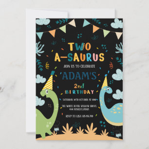 Invitation deux-a-saurus Noir Anniversaire Vert & Bleu Dinosa