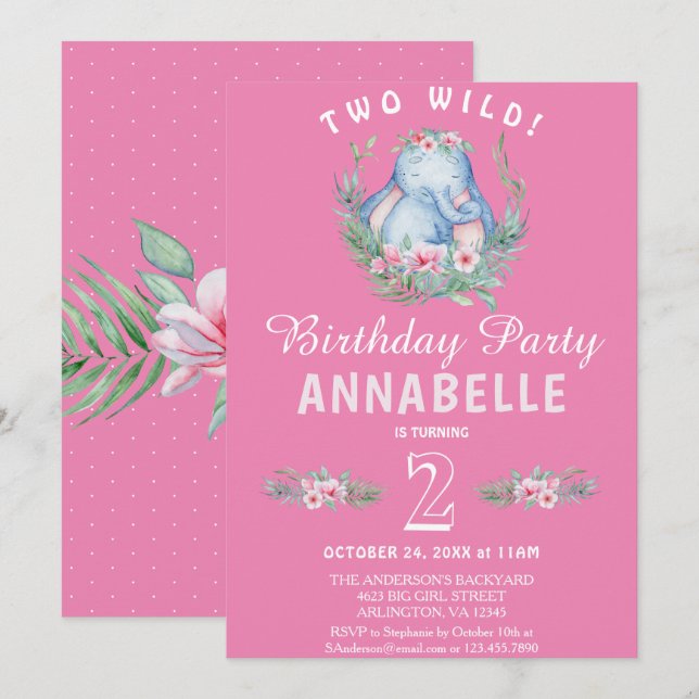 Invitation Deux adorables éléphants tropicaux rose (Devant / Derrière)