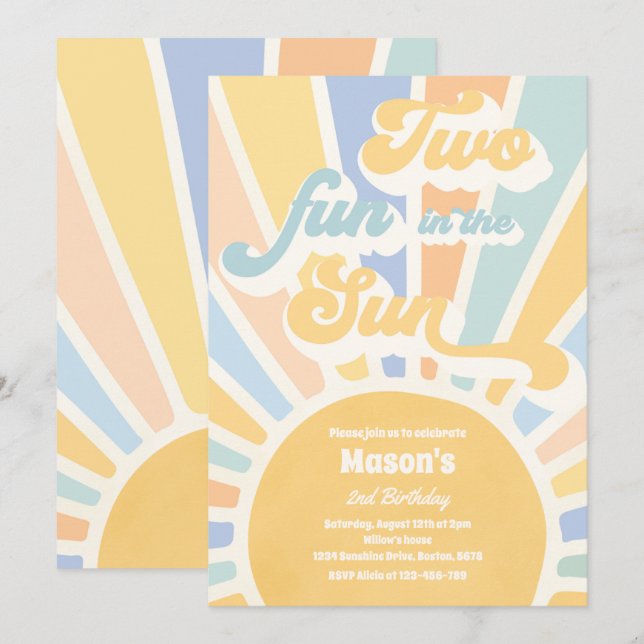 Invitation Deux Amusement Au Soleil Soleil 2e Anniversaire Bl (Devant / Derrière)