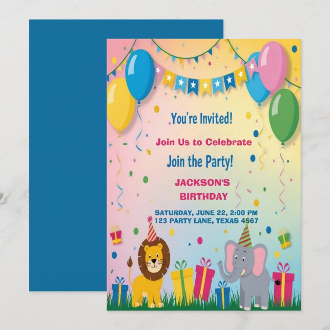 Invitation Deux animaux Safari Anniversaire (Devant / Derrière)