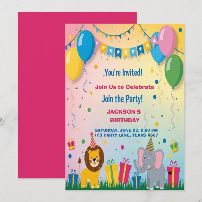 Invitation Deux animaux Safari Anniversaire (Devant / Derrière)