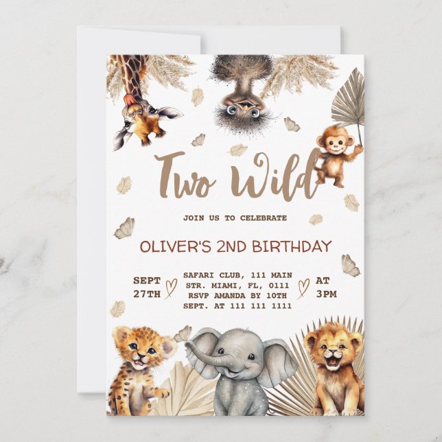 Invitation Deux Animaux Sauvages de Safari 2ème Anniversaire  (Devant)