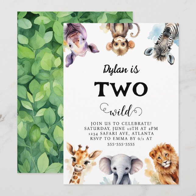 Invitation Deux animaux sauvages Safari 2e anniversaire (Devant / Derrière)