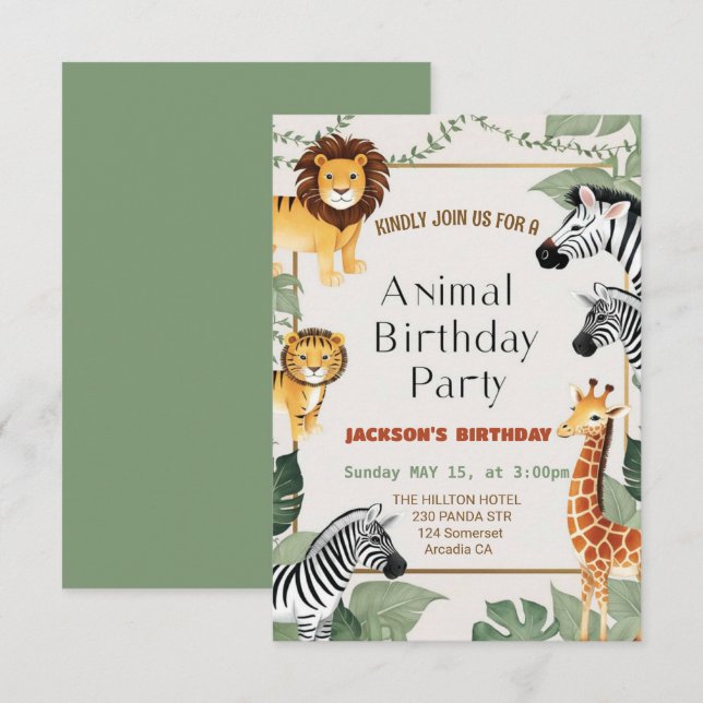 Invitation Deux animaux sauvages Safari Anniversaire (Devant / Derrière)