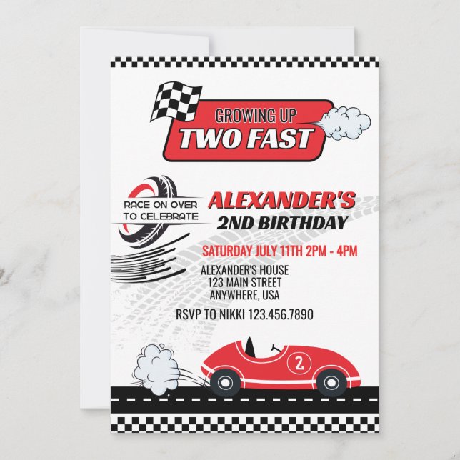 Invitation Deux anniversaire de enfant de voiture de course r (Devant)