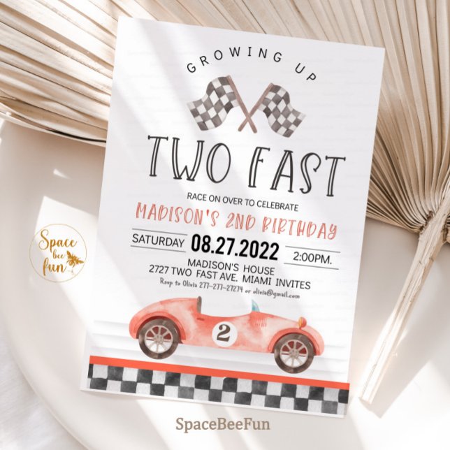 Invitation Deux Anniversaire Rapide Course d'Invitation Voitu (Two Fast Birthday Invitation Race Car 2nd Birthday Invite Racing Car Vintage Racecar 
)