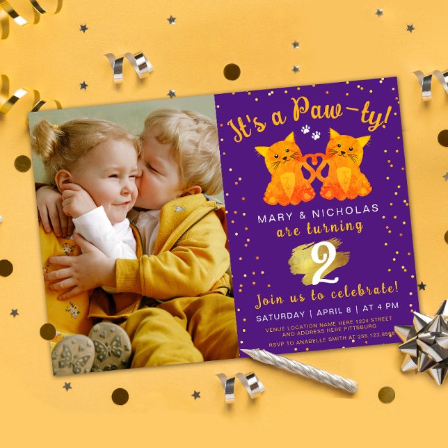 Invitation Deux Anniversaires Ou Parti Mixte Kittens Violet P (Créateur téléchargé)