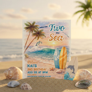 Invitation DEUX ans sur la plage avec un thème surf rétro pou