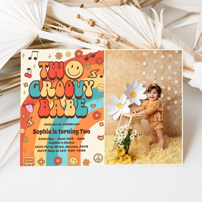 Invitation Deux Babe Retro Super Rainbow 2e anniversaire Phot (Créateur téléchargé)