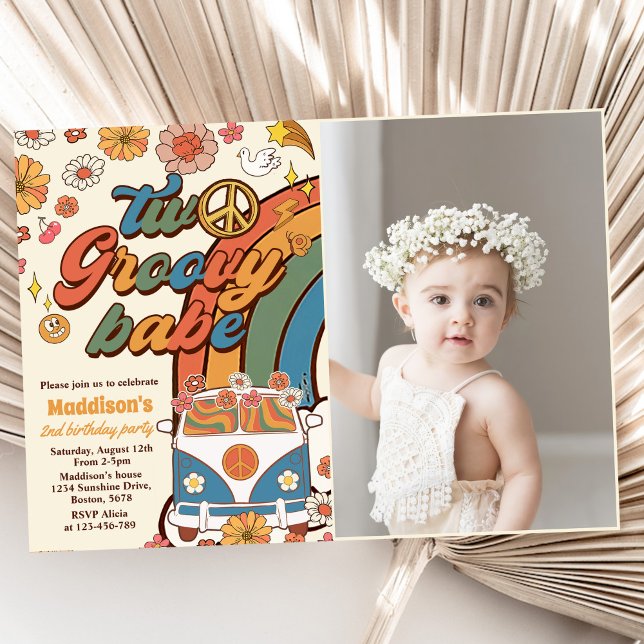 Invitation Deux Babe Retro Super Rainbow 2e anniversaire Phot (Créateur téléchargé)