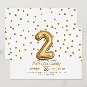 Invitation Deux ballons en or 2 et confettis pour une fête d'