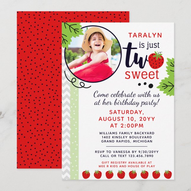 Invitation DEUX Bébé de fraise sucrée 2e anniversaire (Devant / Derrière)