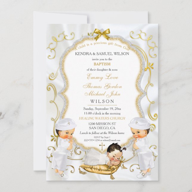 Invitation Deux bébés garçons et fille Baptême Christening Go (Devant)