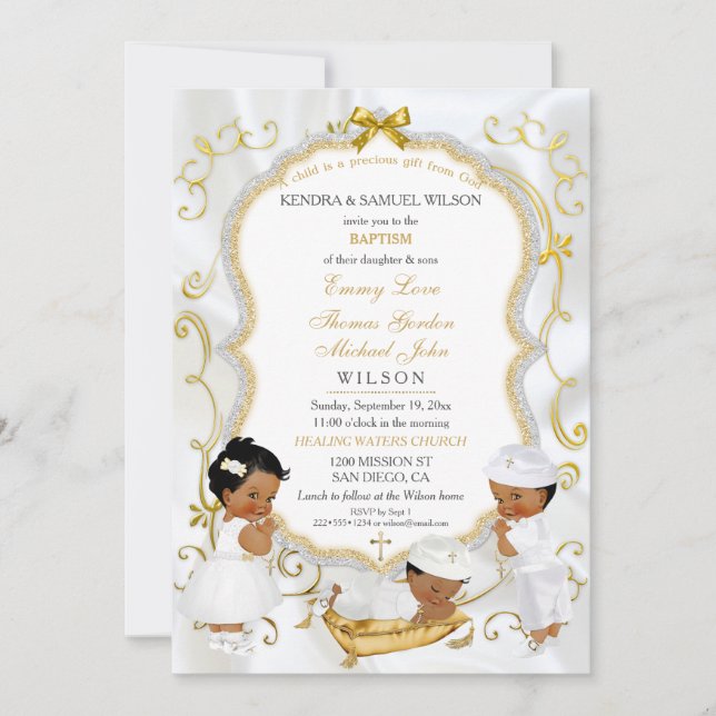 Invitation Deux bébés garçons et fille Baptême Christening Or (Devant)