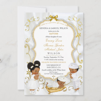 Invitation Deux bébés garçons et fille Baptême Christening Or