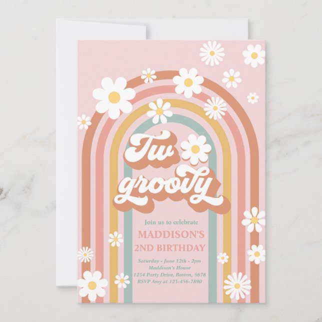 Invitation Deux Boho Daisy Super Rainbow 2e fête d'anniversai (Devant)