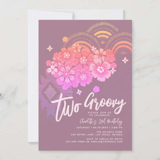Invitation Deux Boho Super Floral Retro 2e fête d'anniversair (Devant)