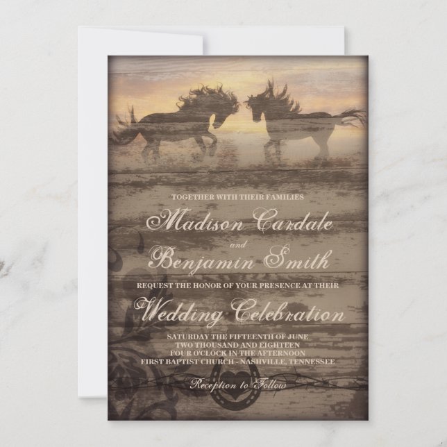 Invitation Deux Chevaux Rustique Pays Mariage Occidental Invi (Devant)