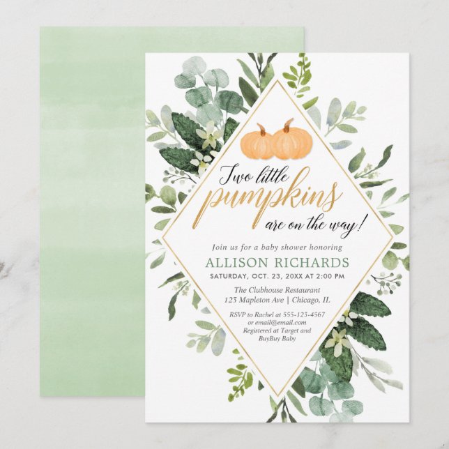 Invitation Deux citrouilles tombent baby shower neutre pour l (Devant / Derrière)