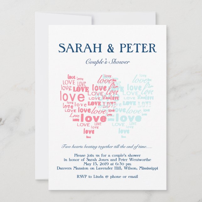 Invitation Deux coeurs battent ensemble/Douche des couples do (Devant)