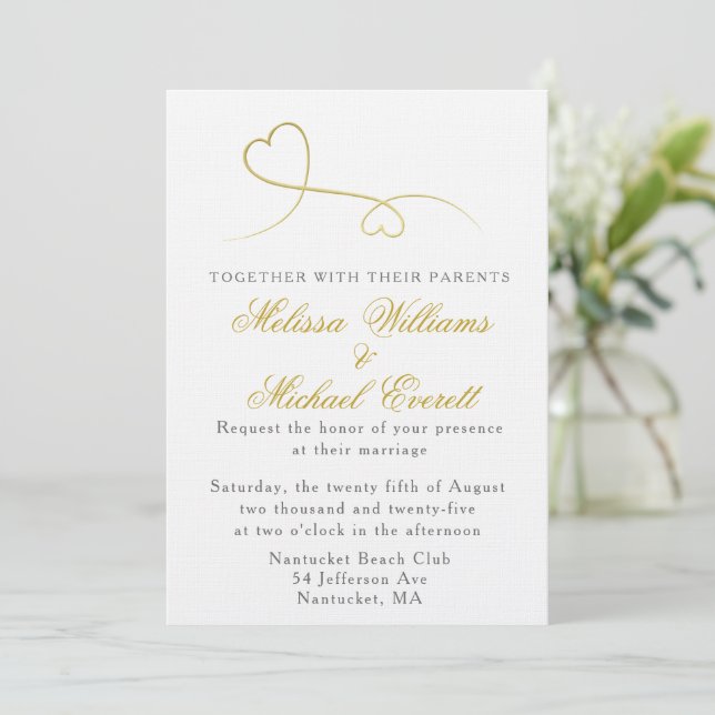 Invitation Deux Coeurs d'or | Élégant Mariage minimal (Debout devant)